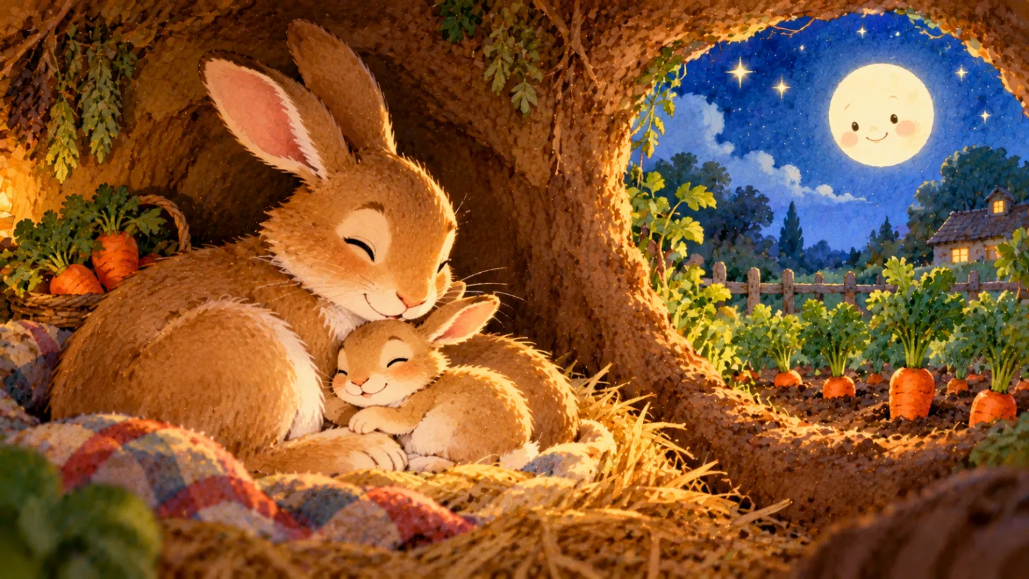 Baby bunny snuggling with her mother in a cozy burrow under the moon