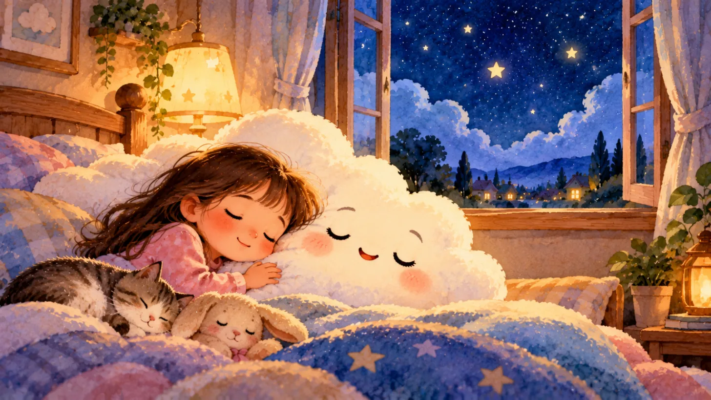 Girl sleeping on a fluffy smiling cloud pillow by an open window