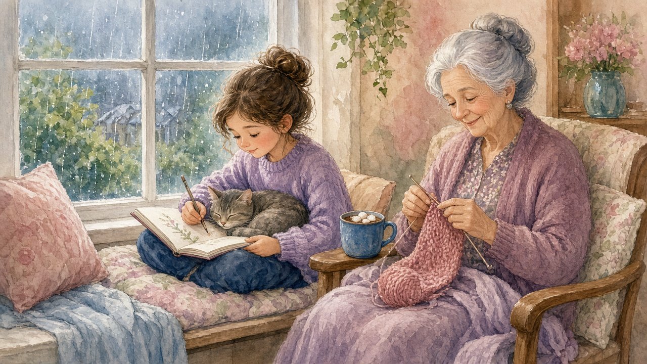 Girl drawing in a notebook by a rainy window with a cat on her lap and her grandmother nearby