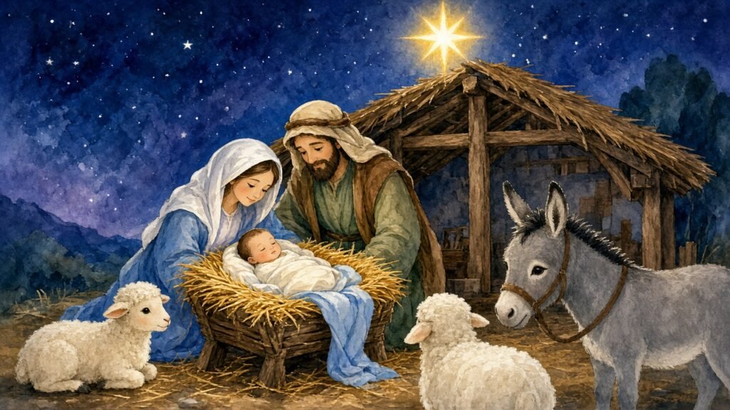 Nativity scene with baby Jesus in a manger, Mary, Joseph and a bright star