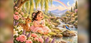 Toddler girl in a flower garden by a stream with a fawn, bluebird and rainbow, illustrating nature-inspired girl names