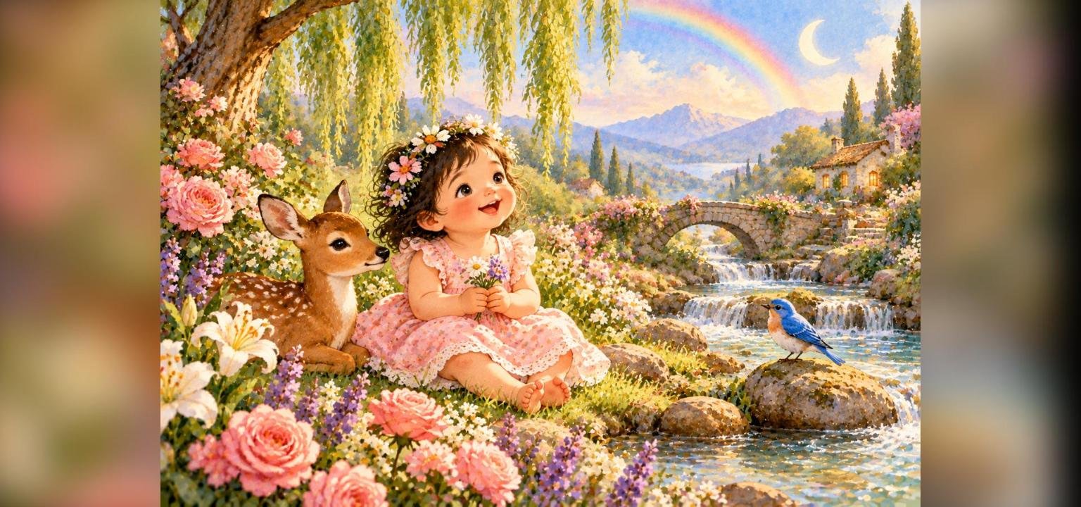 Toddler girl in a flower garden by a stream with a fawn, bluebird and rainbow, illustrating nature-inspired girl names