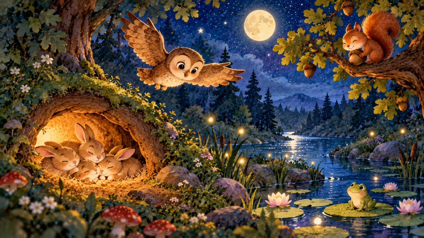 Friendly owl flying over a moonlit forest checking on sleepy baby rabbits