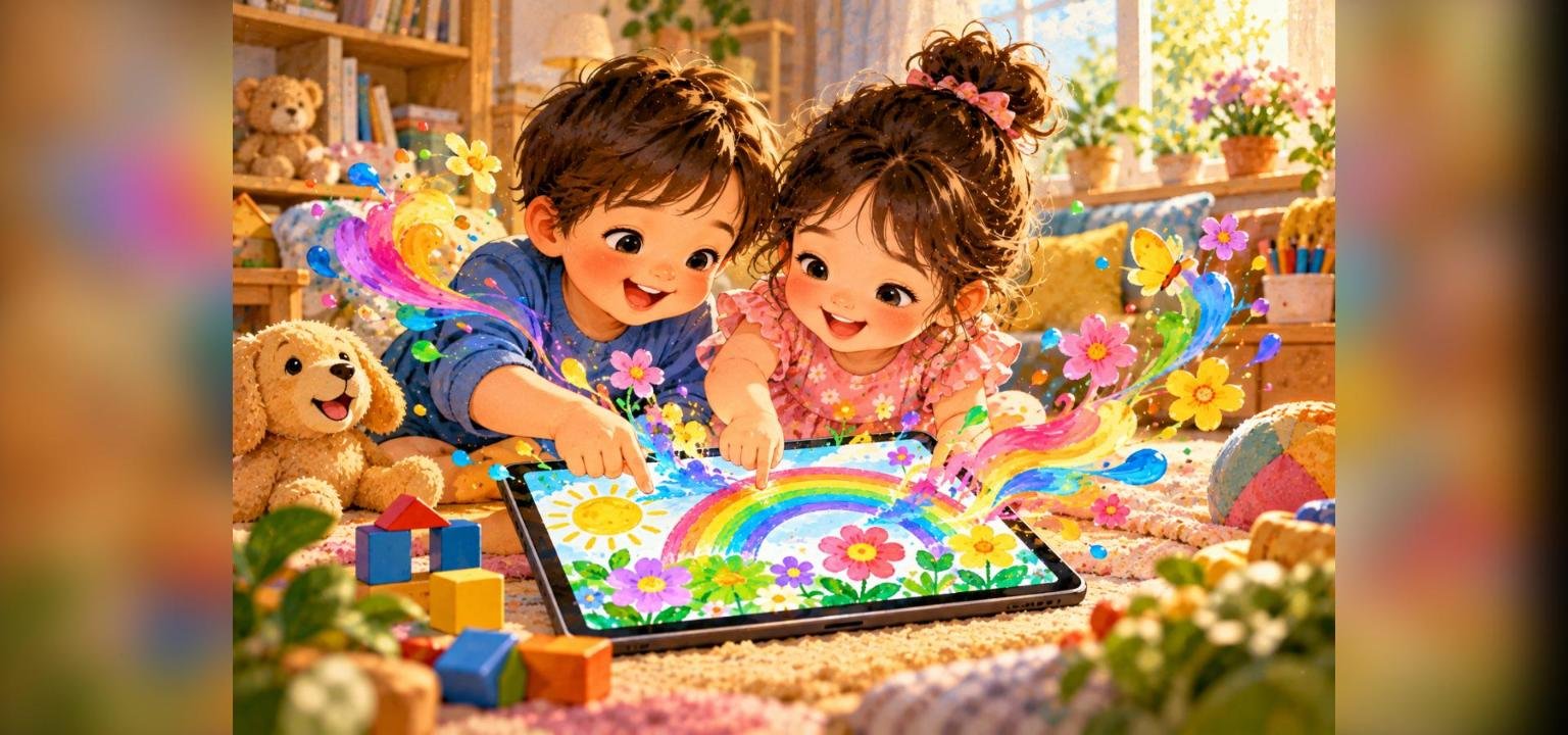 Two happy kids painting a rainbow and flowers on a tablet in a free online painting game for kids