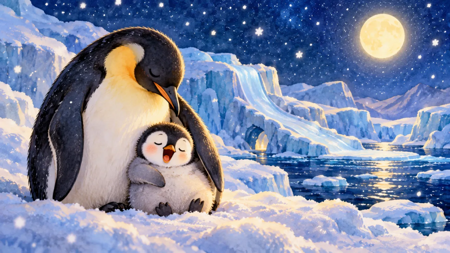 Baby penguin yawning under its mother's wing on the snowy ice at night
