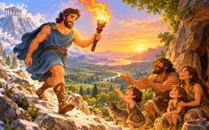 Prometheus, the kind Titan of Greek mythology, bringing a glowing torch of fire to a happy early human family