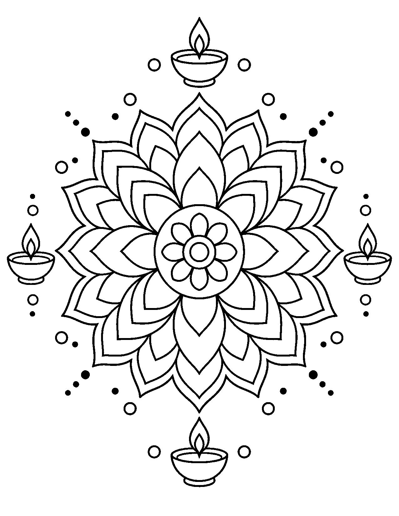 Free printable rangoli coloring page for kids with a lotus mandala and four diyas
