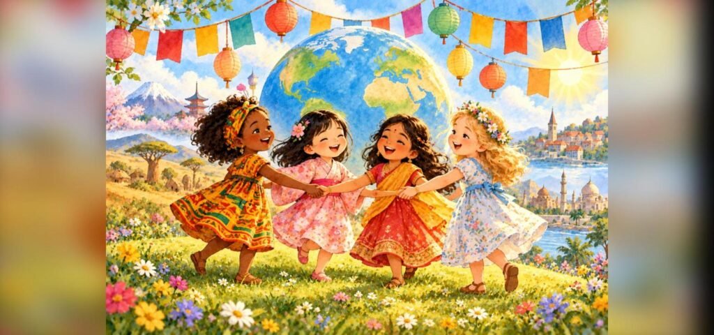 Little girls from different cultures holding hands around a globe, illustrating rare girl names from around the world