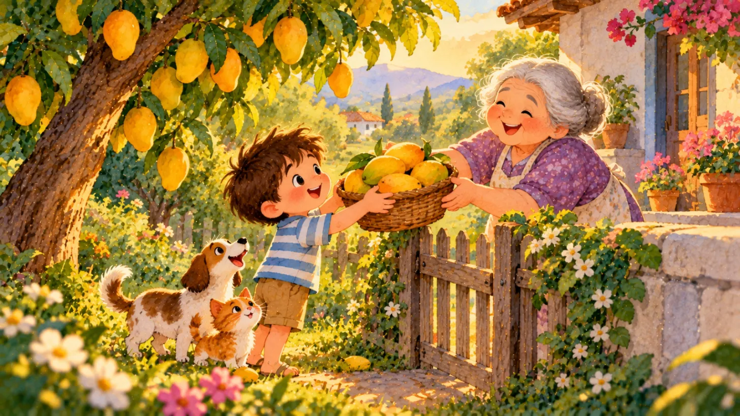 Boy sharing a basket of mangoes with his elderly neighbor over a fence