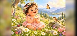 Smiling baby girl in a flower crown holding a daisy, illustrating short and sweet girl names