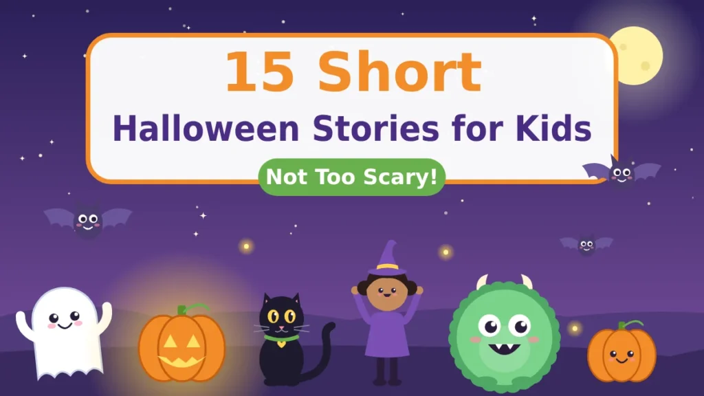 Cover for short Halloween stories for kids with a friendly ghost, jack-o'-lantern, black cat, little witch and smiling monster