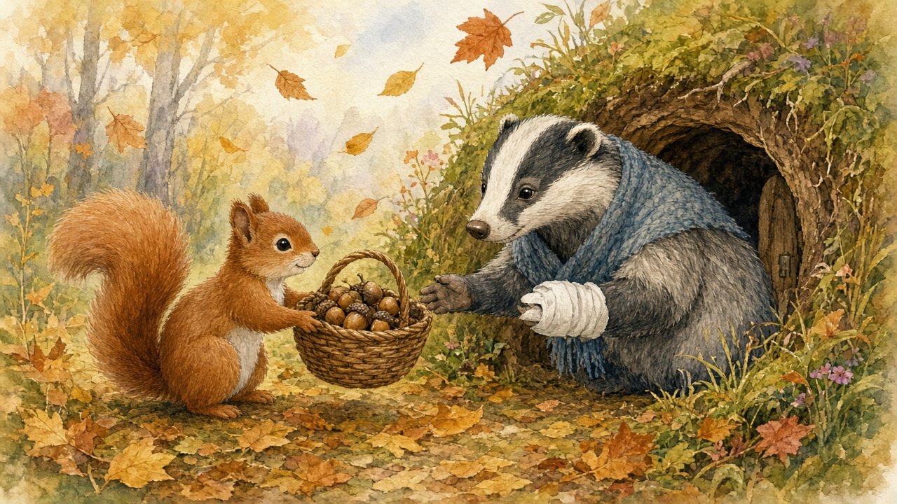 Little squirrel giving a basket of acorns to an old badger in an autumn forest
