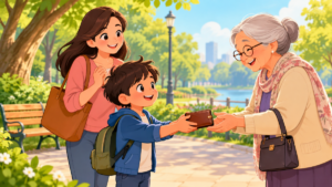 Boy returning a lost wallet to an elderly woman in a park, a story about honesty for kids