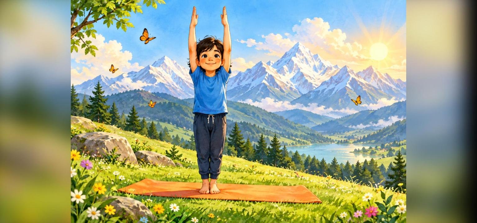 Child doing Tadasana mountain pose for kids with arms raised on a yoga mat in front of mountains