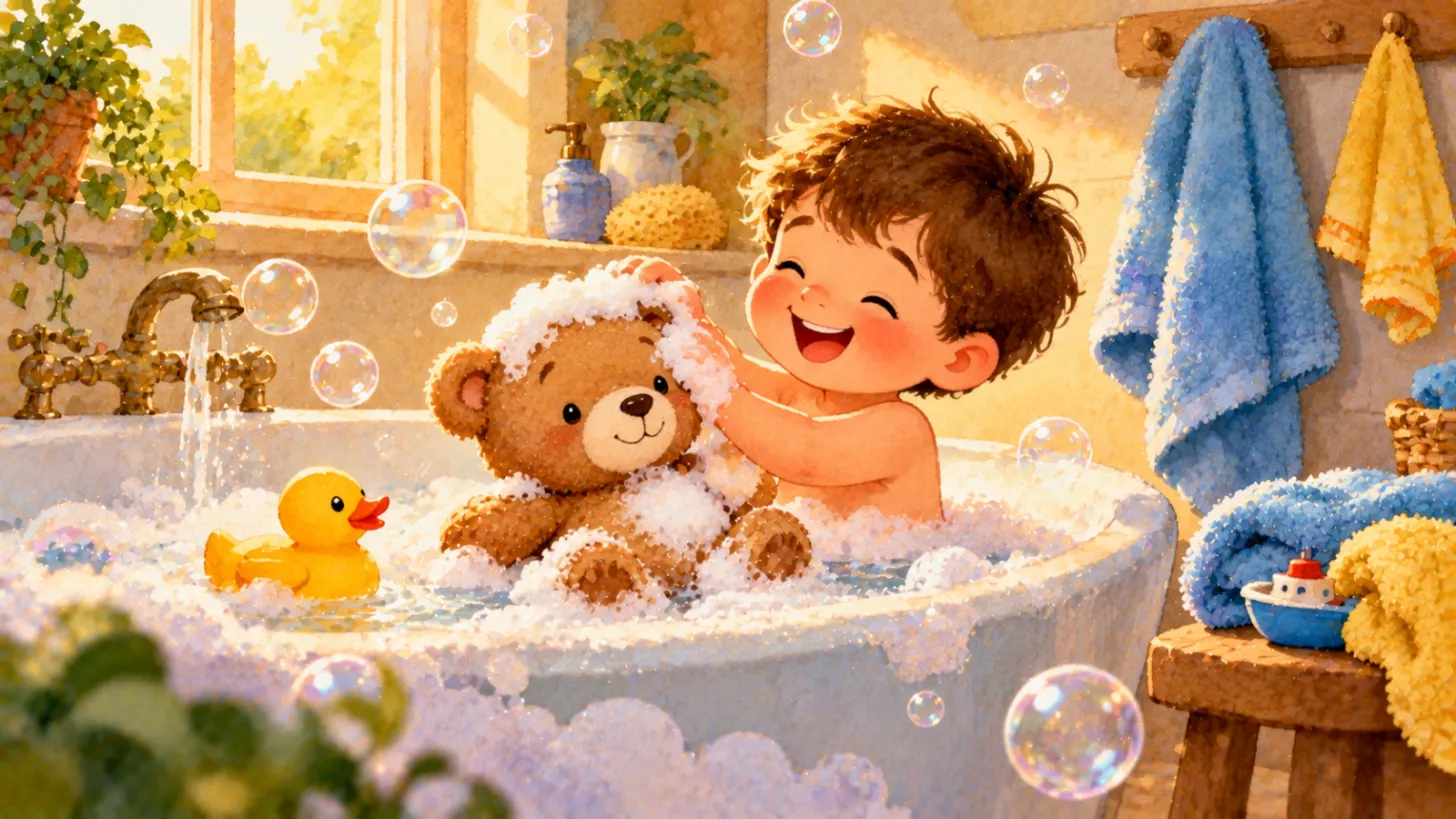 Toddler washing his teddy bear in a bubble bath