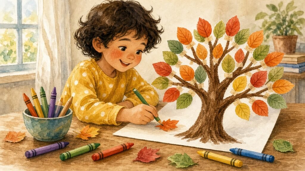 Child adding paper leaves to a thankful tree craft