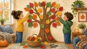 Thankful tree printable craft: two kids adding paper gratitude leaves to a paper tree on the wall