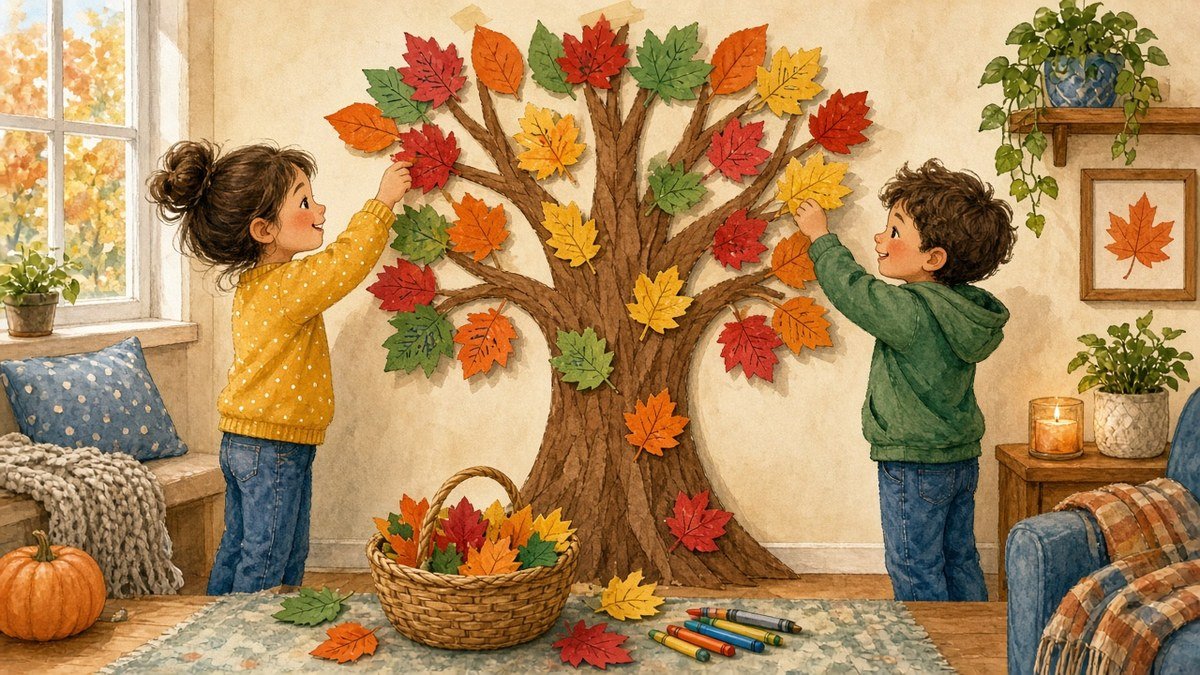 Thankful tree printable craft: two kids adding paper gratitude leaves to a paper tree on the wall