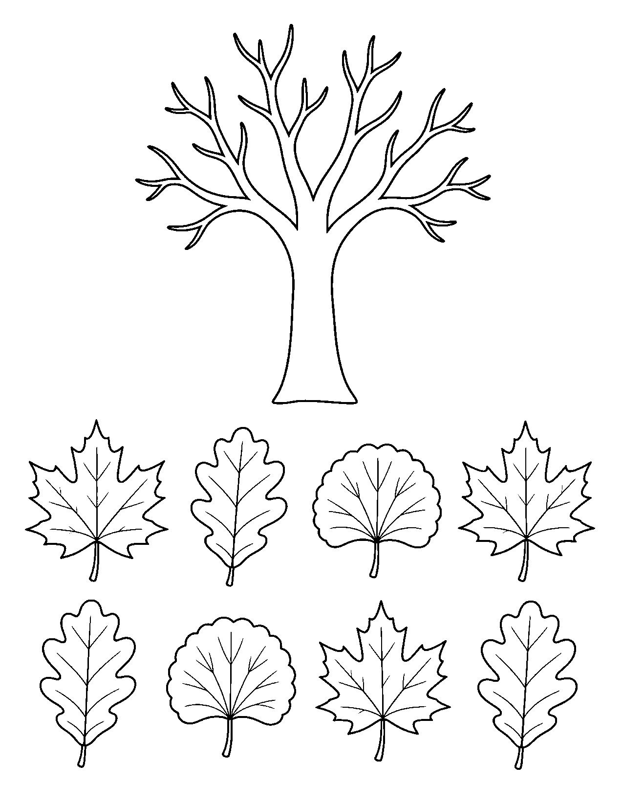 Black and white thankful tree printable template with a tree trunk and eight leaf outlines to color and cut out