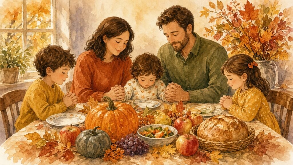 Family with children praying together at a Thanksgiving table