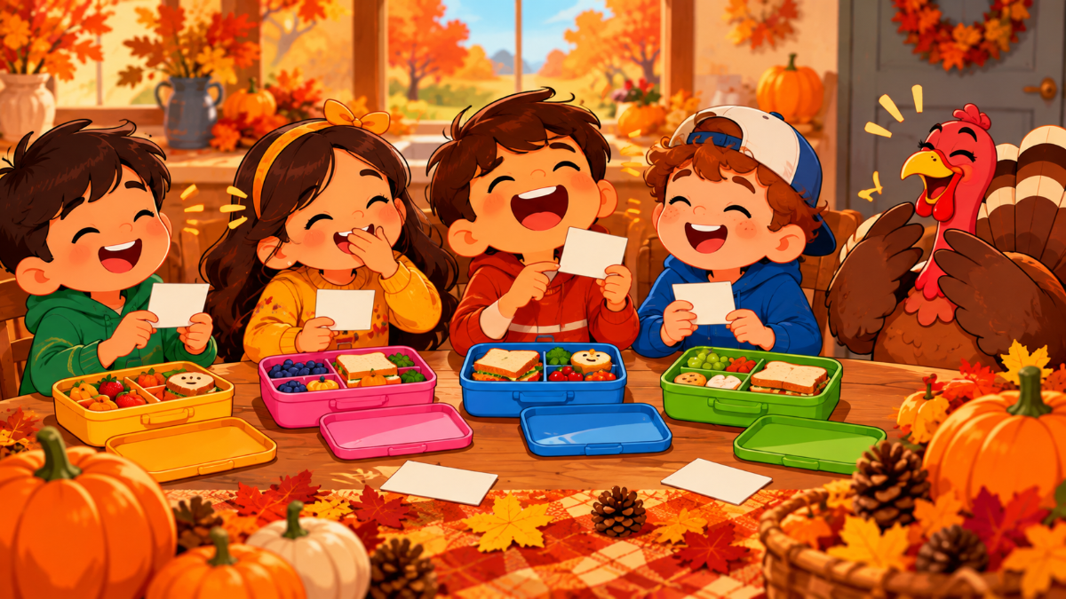 Kids laughing at Thanksgiving jokes from lunchbox joke cards next to a cartoon turkey