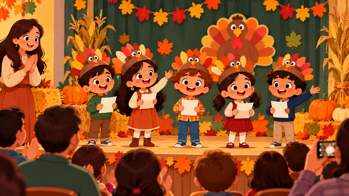 Young kids in paper turkey hats reciting Thanksgiving poems on a classroom stage