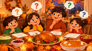 Kids solving Thanksgiving riddles at a family dinner table with turkey and pie