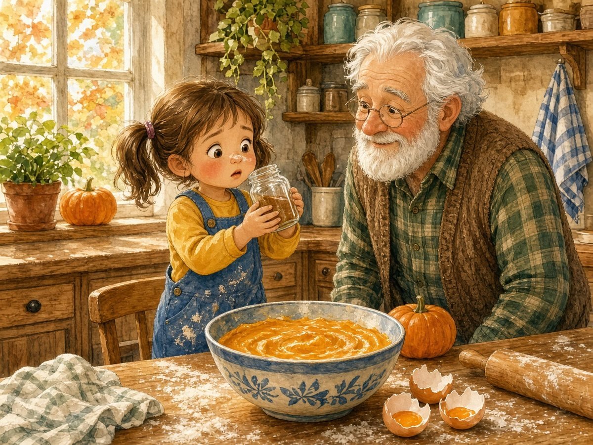 Girl with flour on her nose finds an empty cinnamon jar while making pumpkin pie with her grandpa