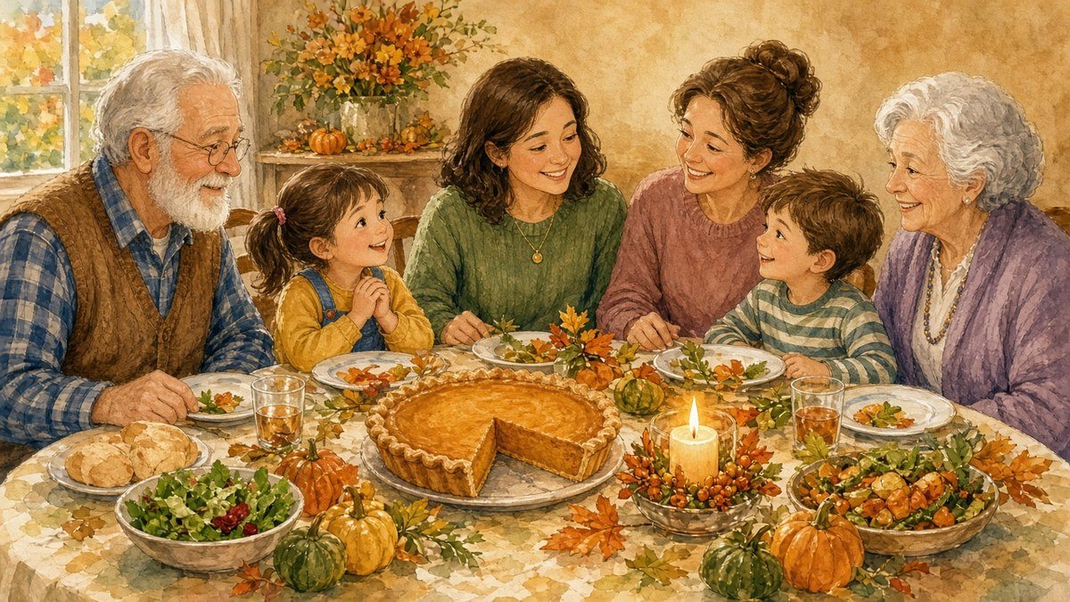 Family and neighbor sharing what they are thankful for around a Thanksgiving table with a pumpkin pie