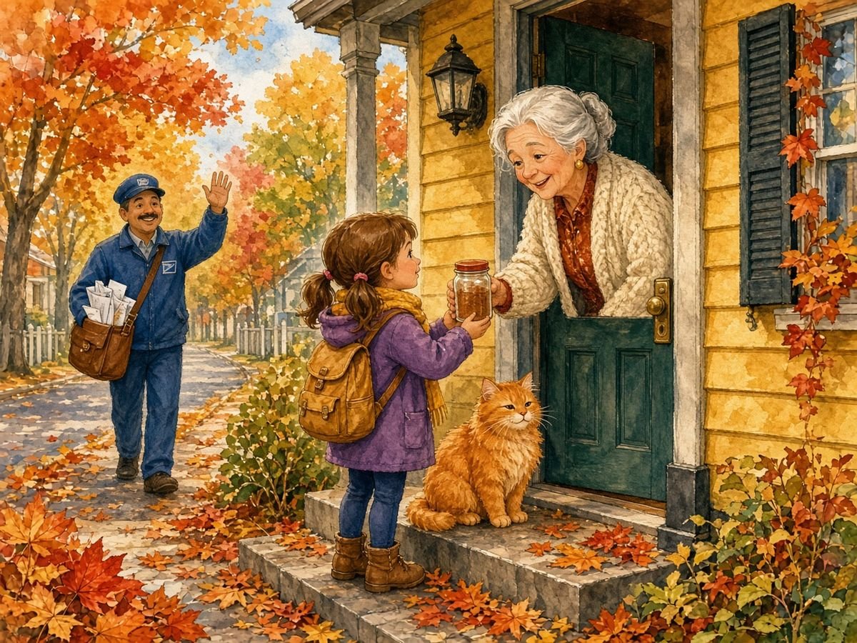Kind neighbor hands a girl a jar of cinnamon on an autumn street while a cat sits on the step and the mail carrier waves