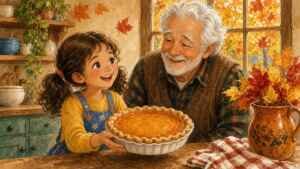 Thanksgiving story for kids printable: a girl and her grandpa holding a homemade pumpkin pie in a cozy autumn kitchen