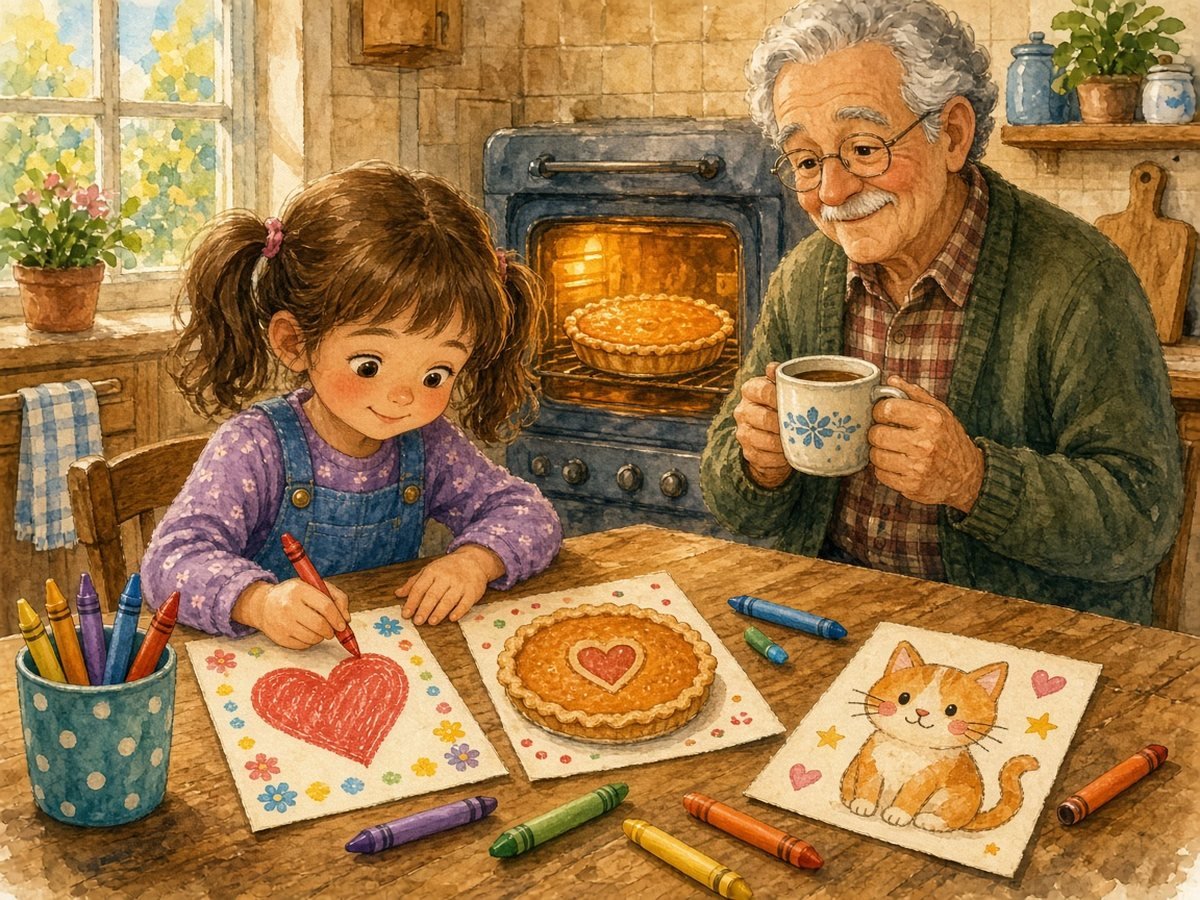Girl drawing handmade thank-you cards with crayons while a pumpkin pie bakes in the oven
