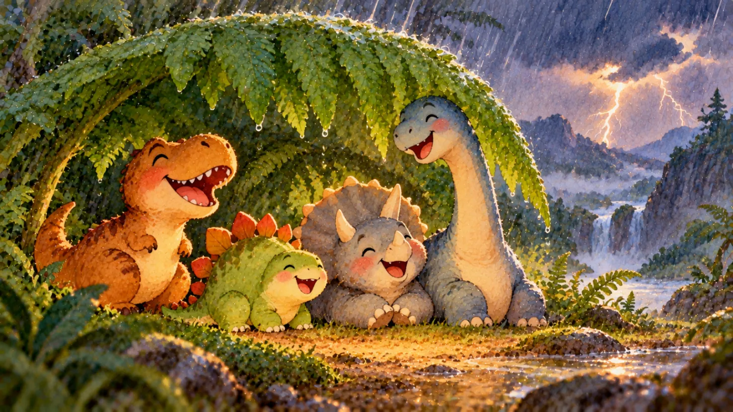 Little T. rex giggling with dinosaur friends under a big fern during a storm