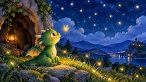 Little green dragon looking up at the starry sky with a glowing firefly