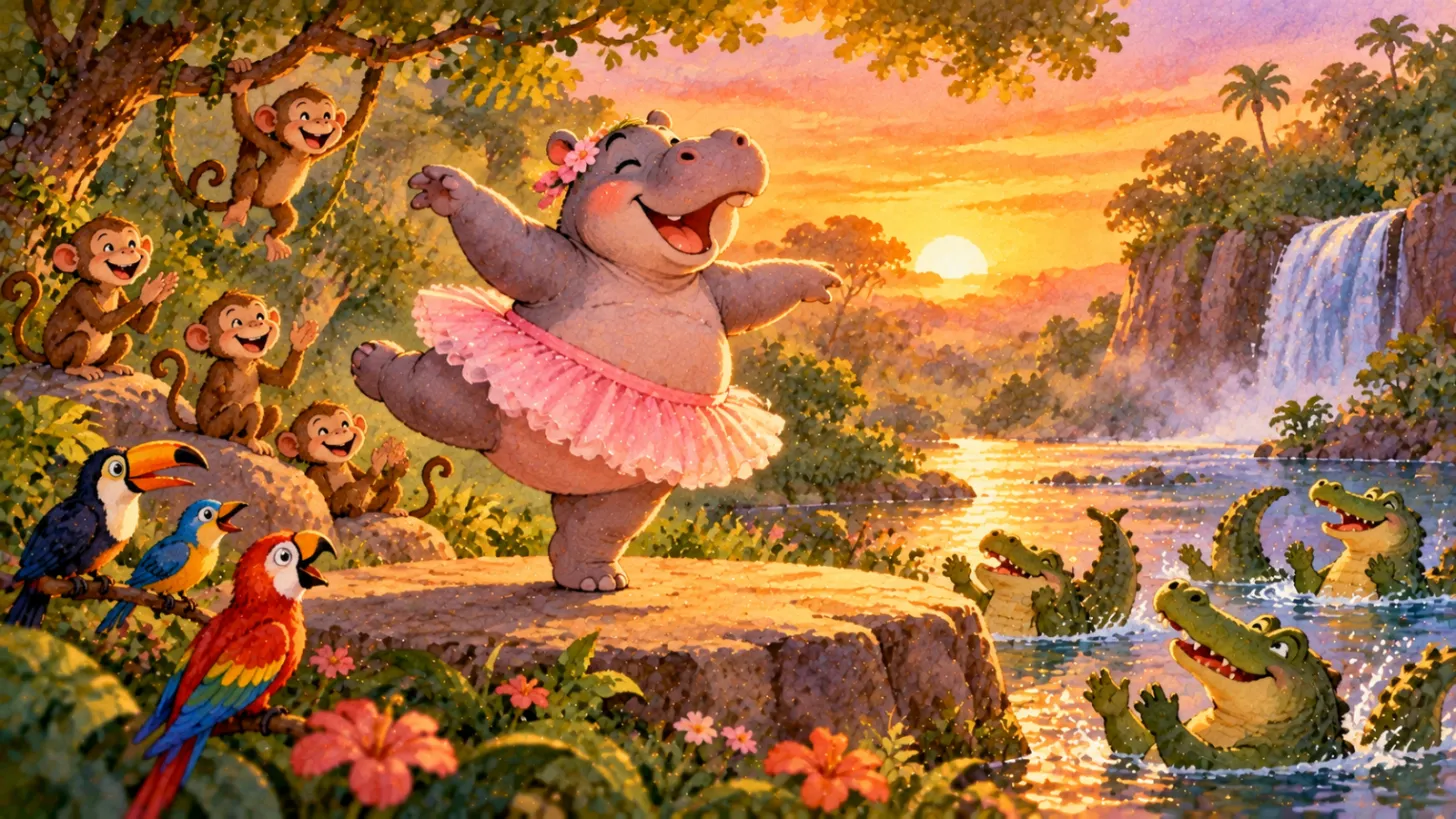 Hippo in a tutu dancing on a rock while jungle animals clap