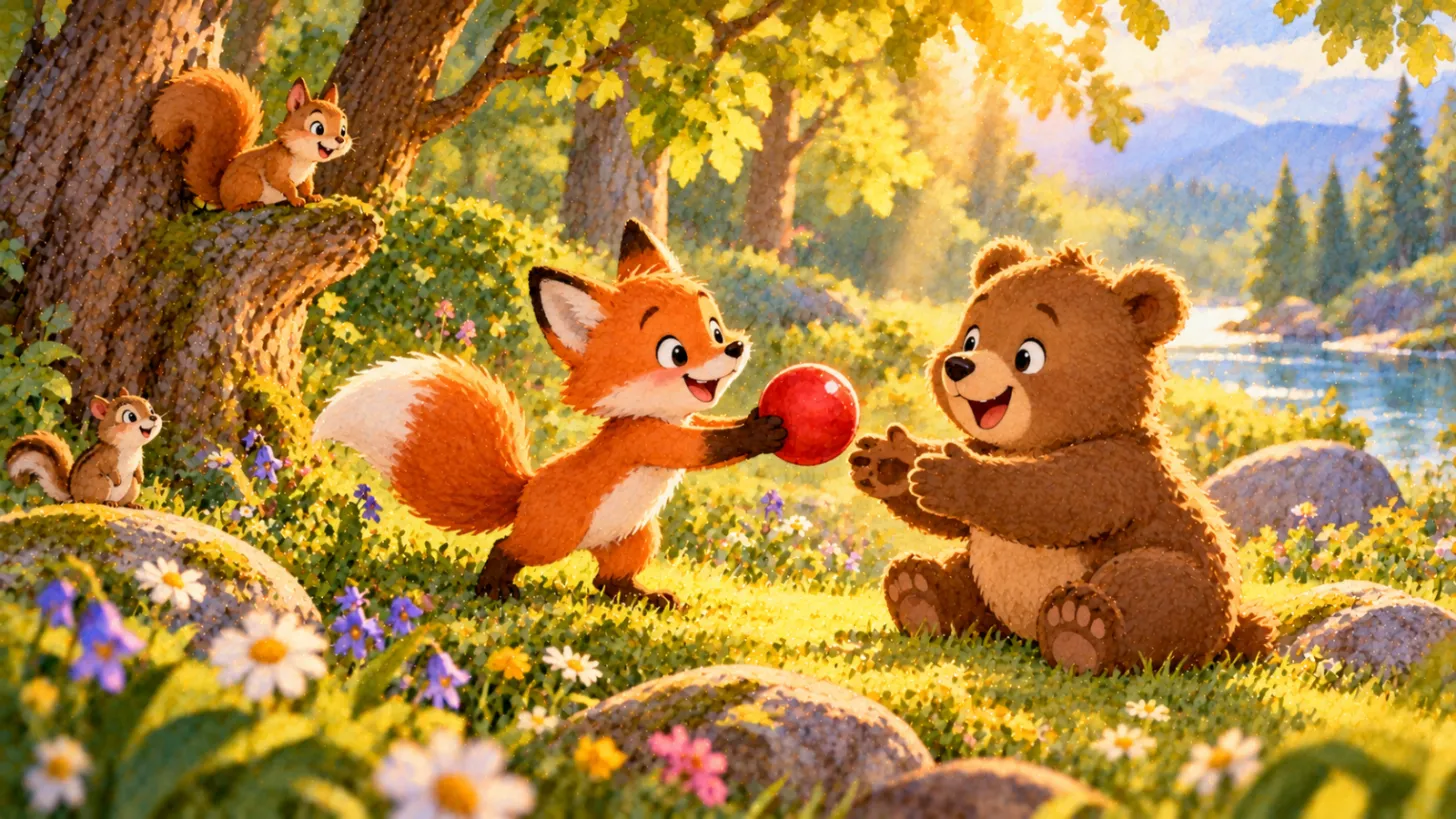 Little fox returning a red ball to a happy bear cub in the forest