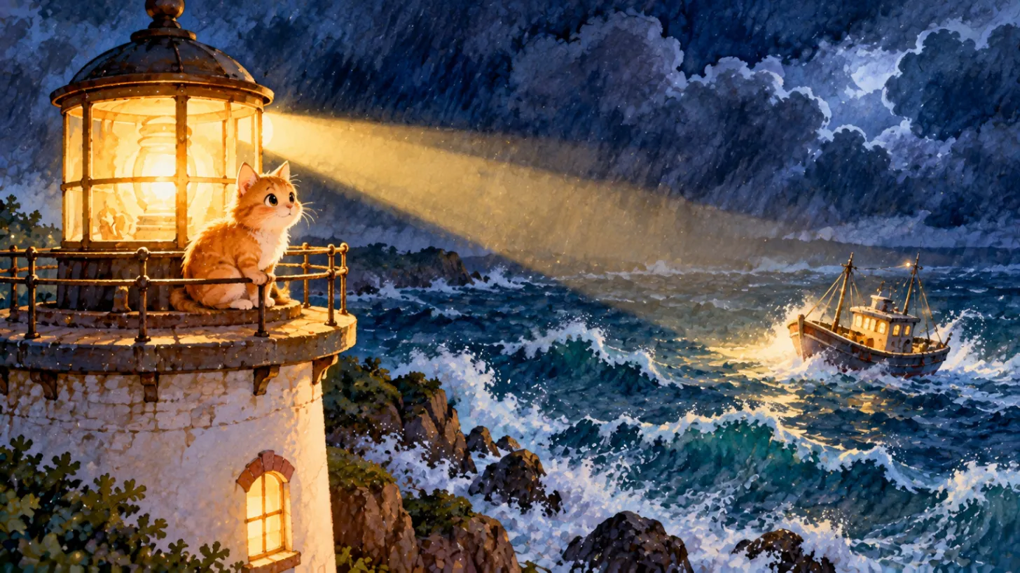 Orange cat at the top of a lighthouse watching a fishing boat in a storm