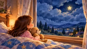 Girl with a teddy bear looking out her window at one small twinkling star