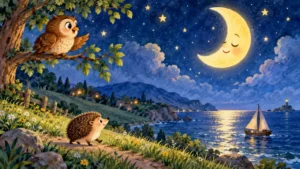 Sleepy smiling crescent moon talking to a little owl above a moonlit field and sea