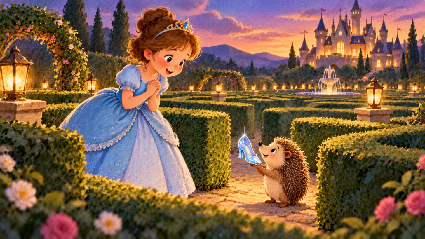 Princess in a hedge maze with a hedgehog holding her sparkly blue shoe