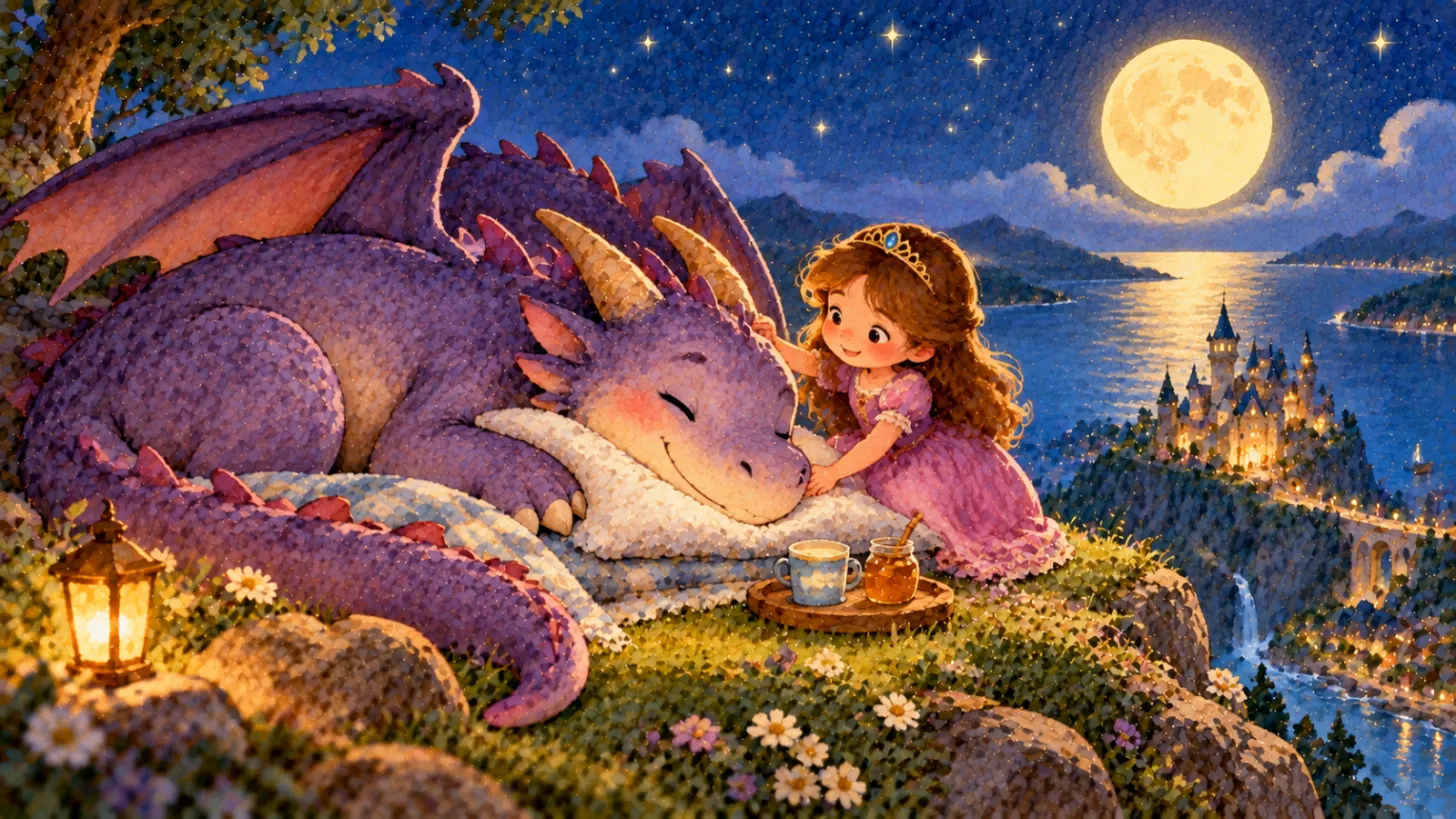 Princess tucking a pillow under a sleepy purple dragon's head on a mountain
