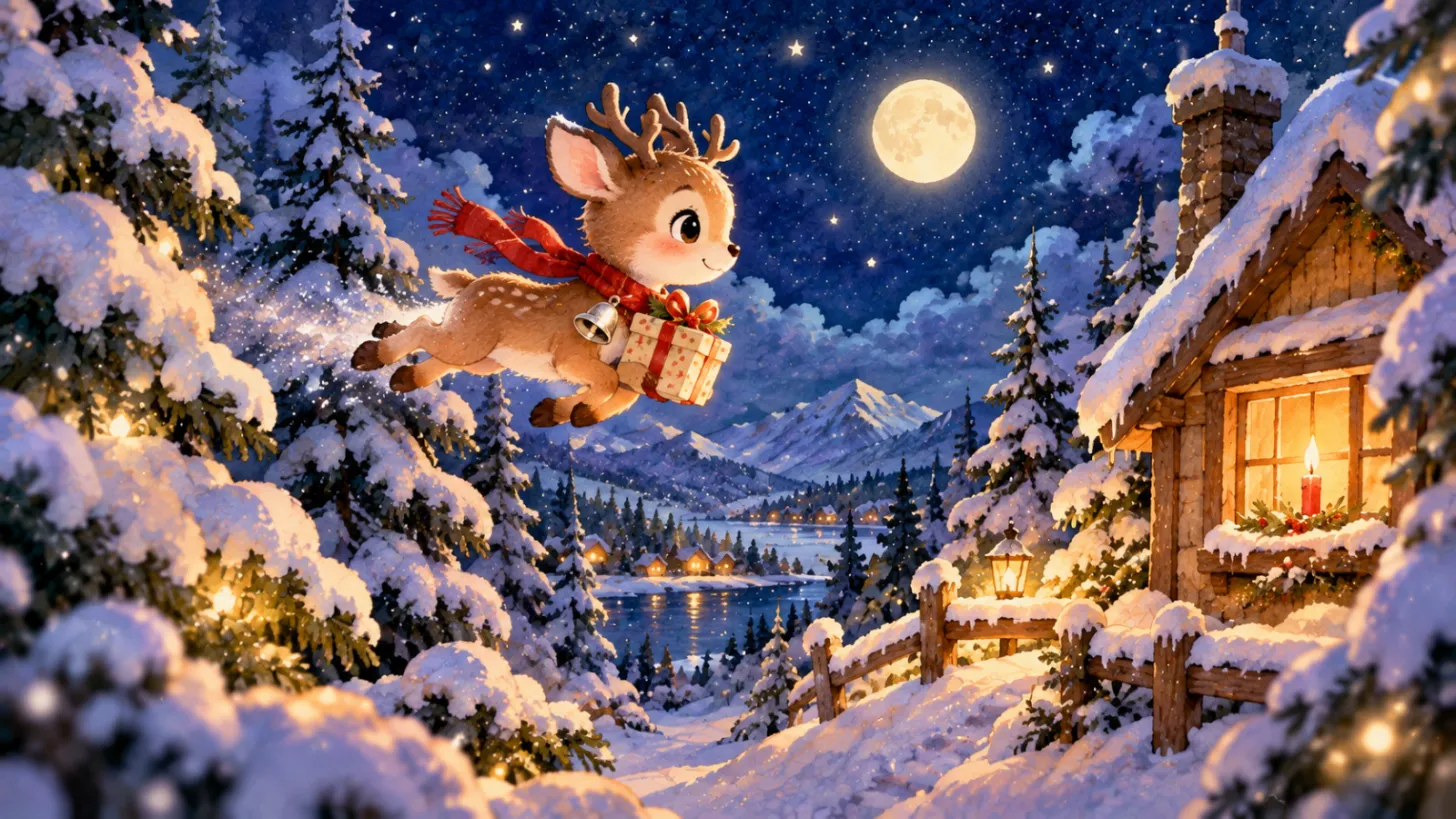 Small reindeer with a silver bell flying a present to a snowy cabin on Christmas Eve
