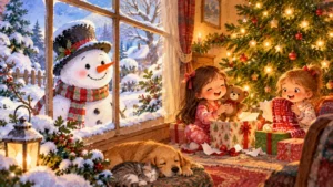 Snowman looking through a window at two girls opening Christmas presents