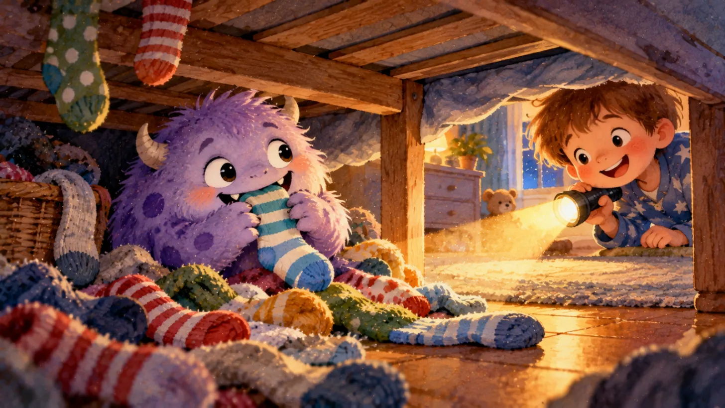 Friendly purple monster eating socks under a bed while a boy laughs