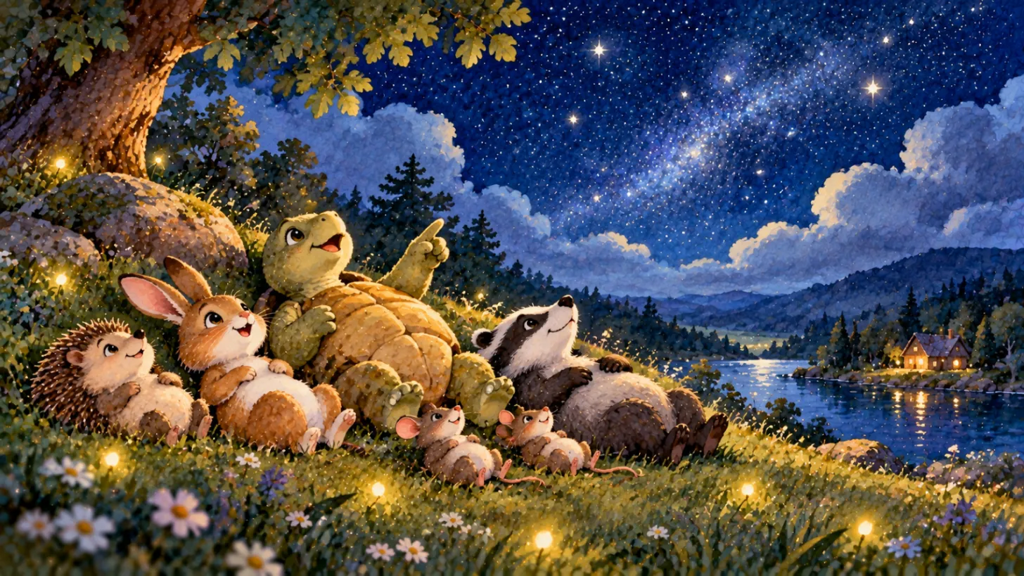 Tortoise and meadow animals lying in the grass counting stars