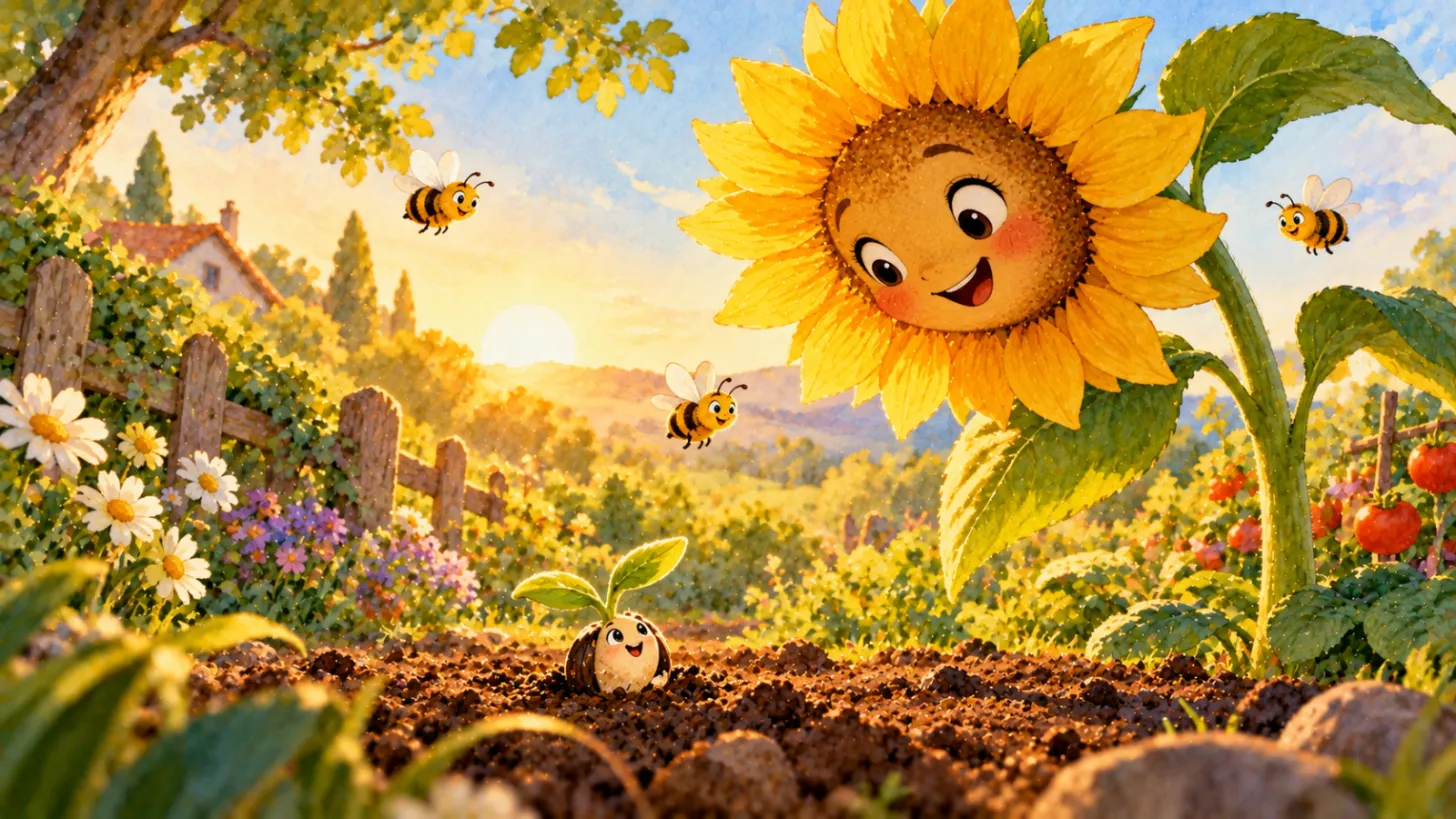 Tall sunflower looking down at a small seed in the soil