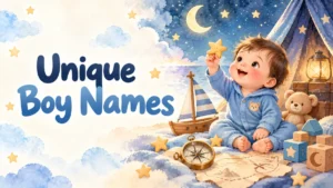 Watercolor illustration of a smiling baby boy among stars with a compass and toy sailboat, titled Unique Boy Names
