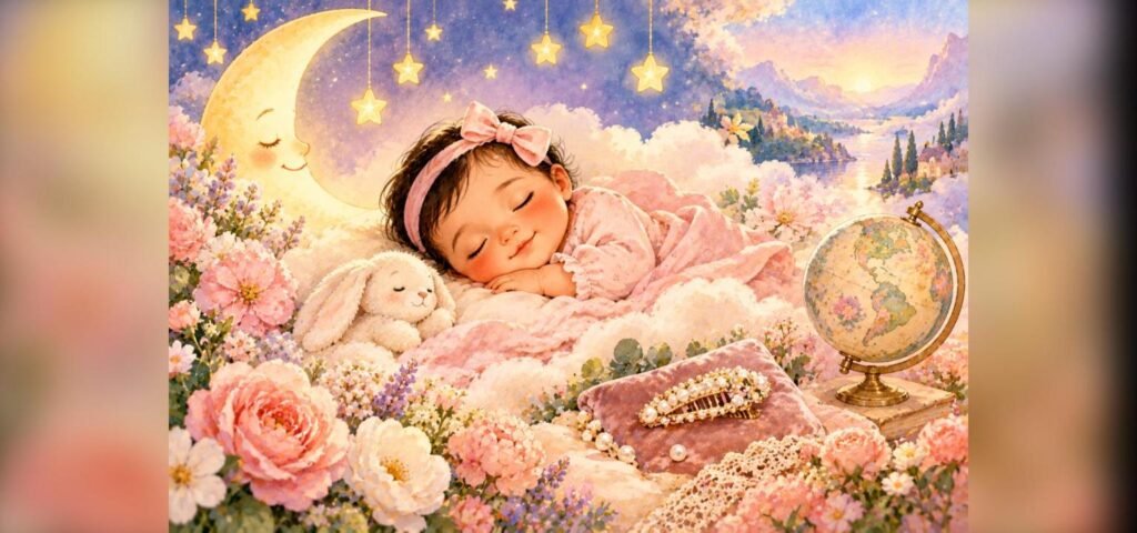 Sleeping baby girl surrounded by moon, stars, flowers, pearls and a globe representing unique girl name trends