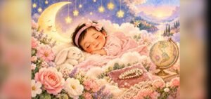 Sleeping baby girl surrounded by moon, stars, flowers, pearls and a globe representing unique girl name trends