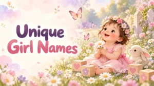Watercolor illustration of a baby girl in a pink dress in a flower meadow with butterflies, titled Unique Girl Names
